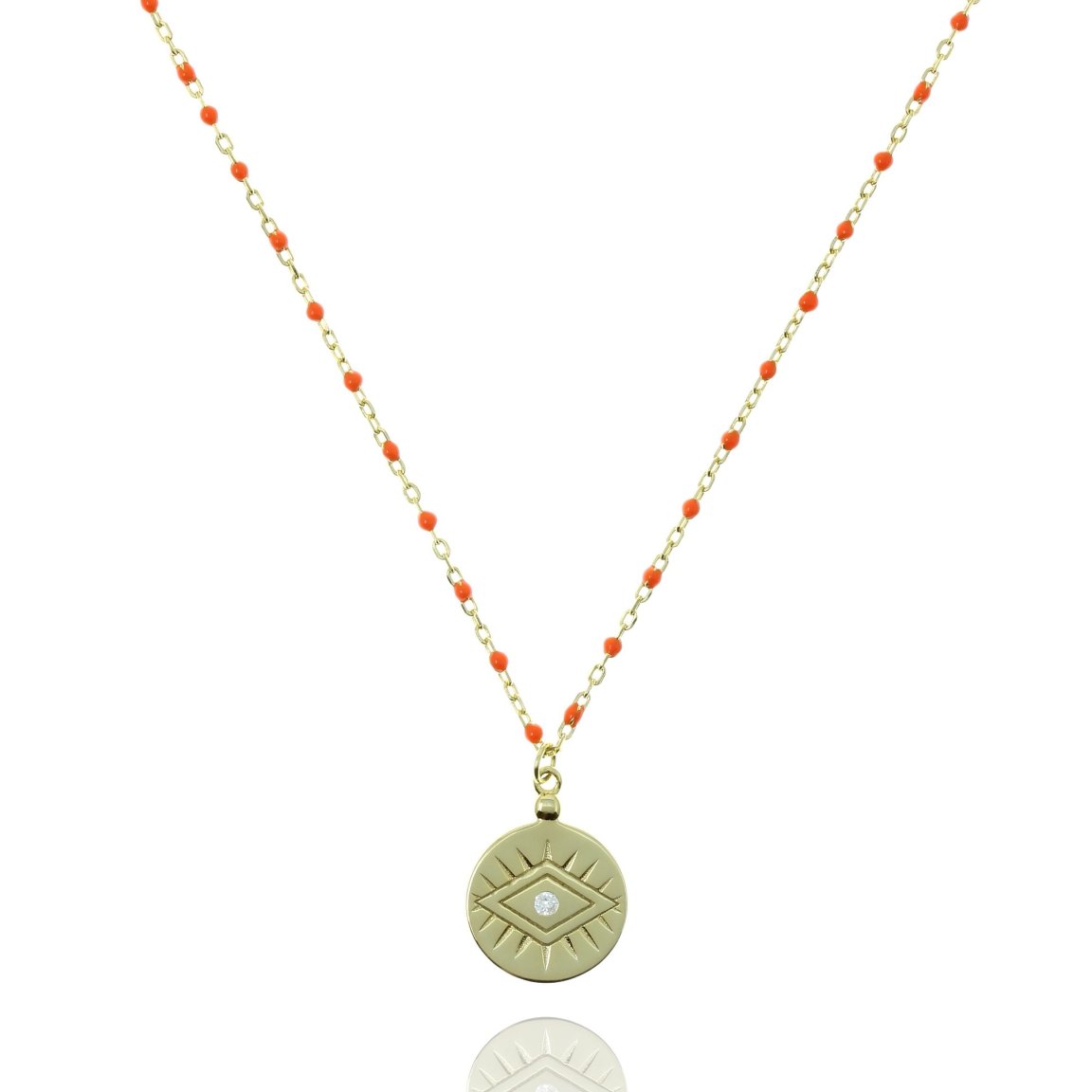 Orange Bead and Chain Medium Length Necklace With Coin Pendant