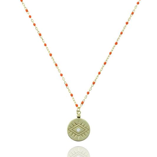 Orange Bead and Chain Medium Length Necklace With Coin Pendant