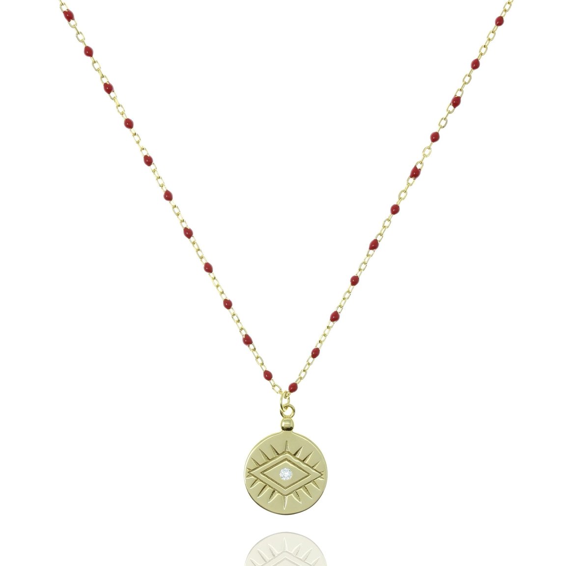 Red Bead and Gold Chain Medium Length Necklace With Coin Pendant 