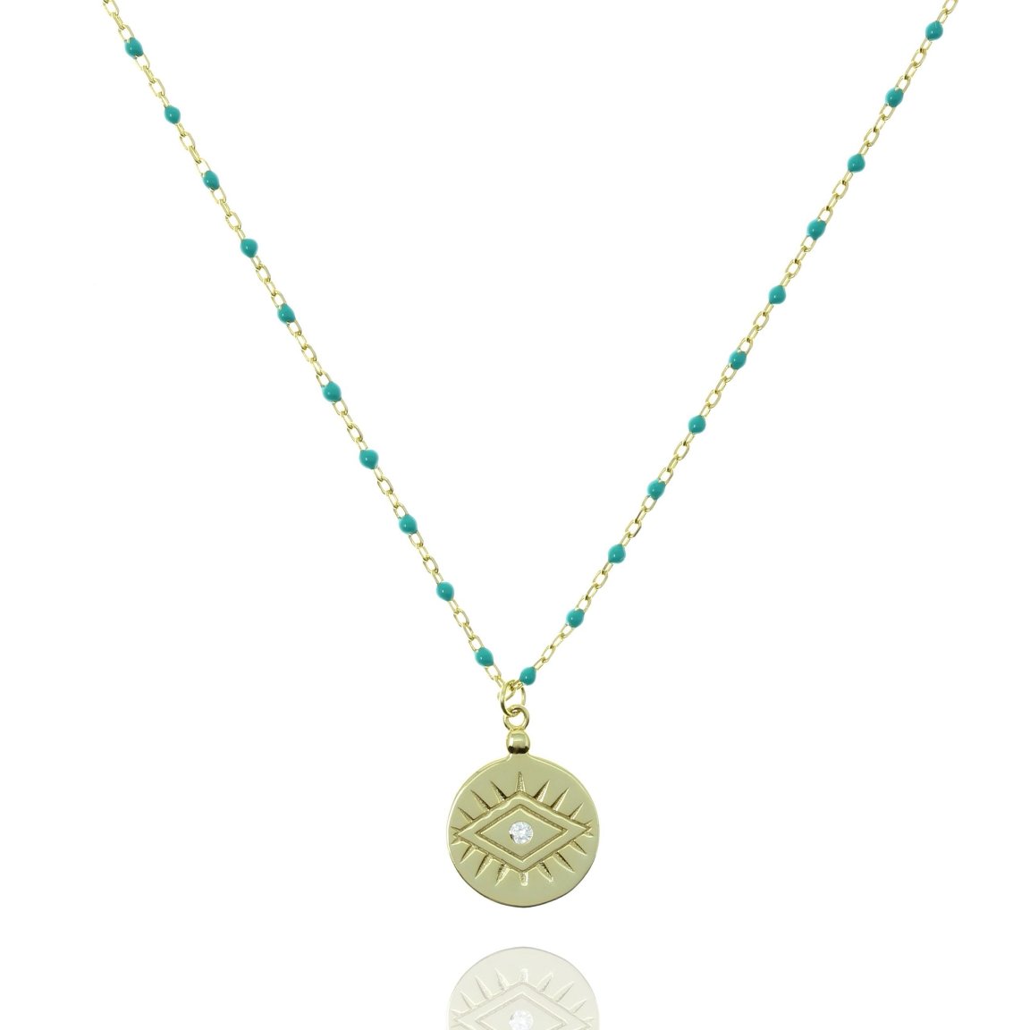 Turquoise Bead and Gold Chain Medium Length Necklace With Coin Pendant