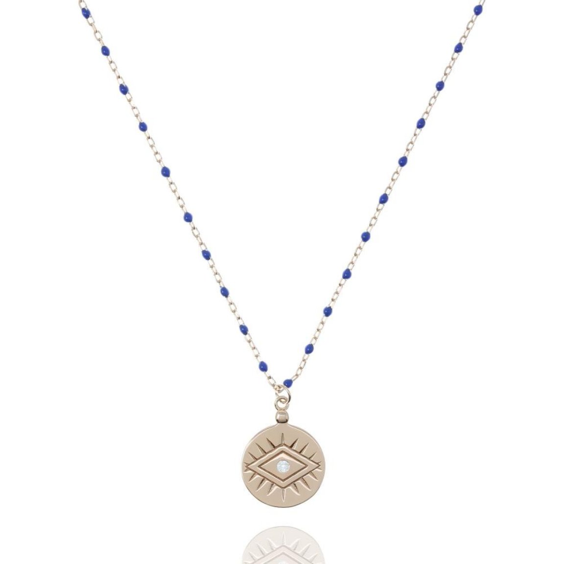 Rose gold chain and blue bead necklace with coin pendant.