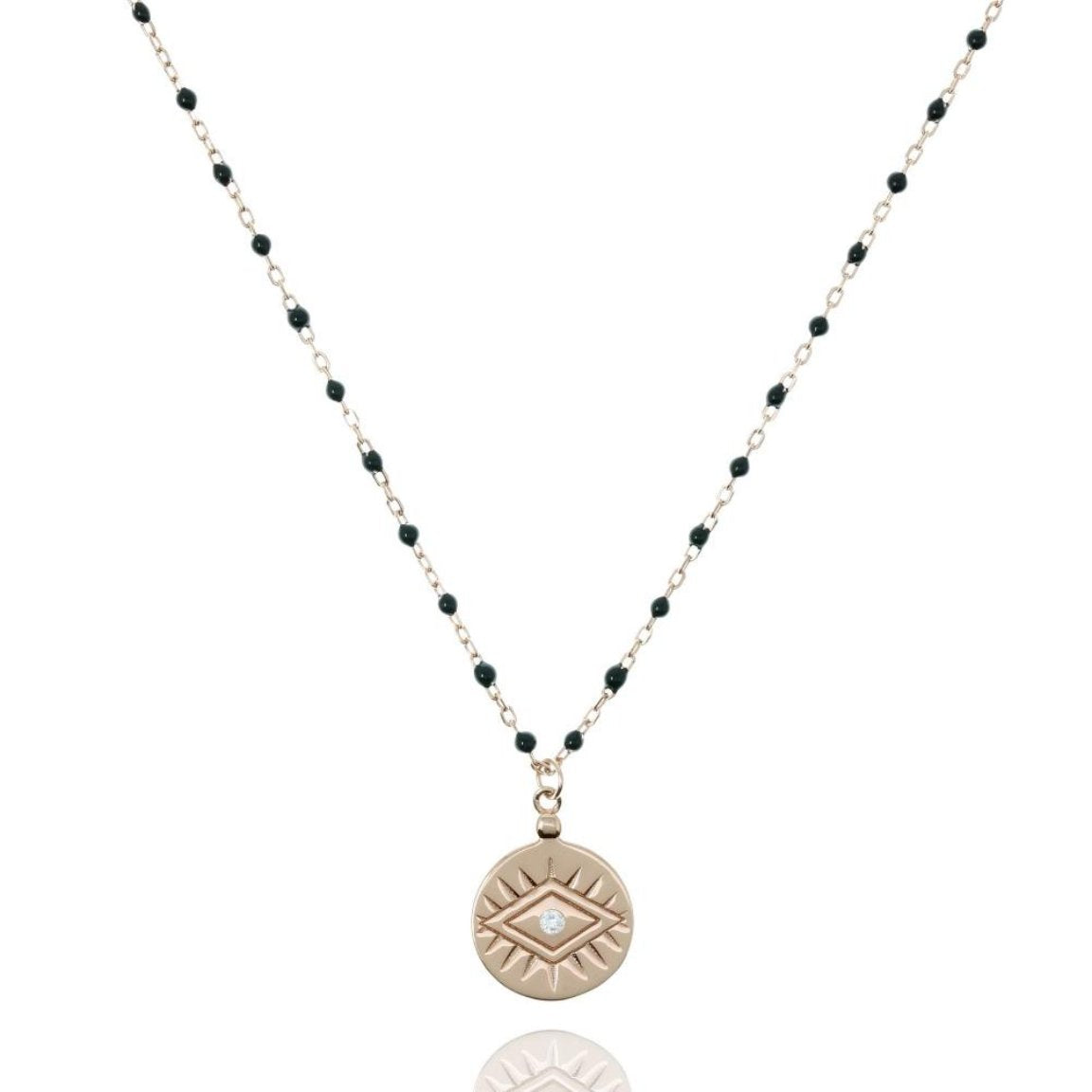 Rose gold plate on sterling silver chain and black bead necklace with coin pendant.