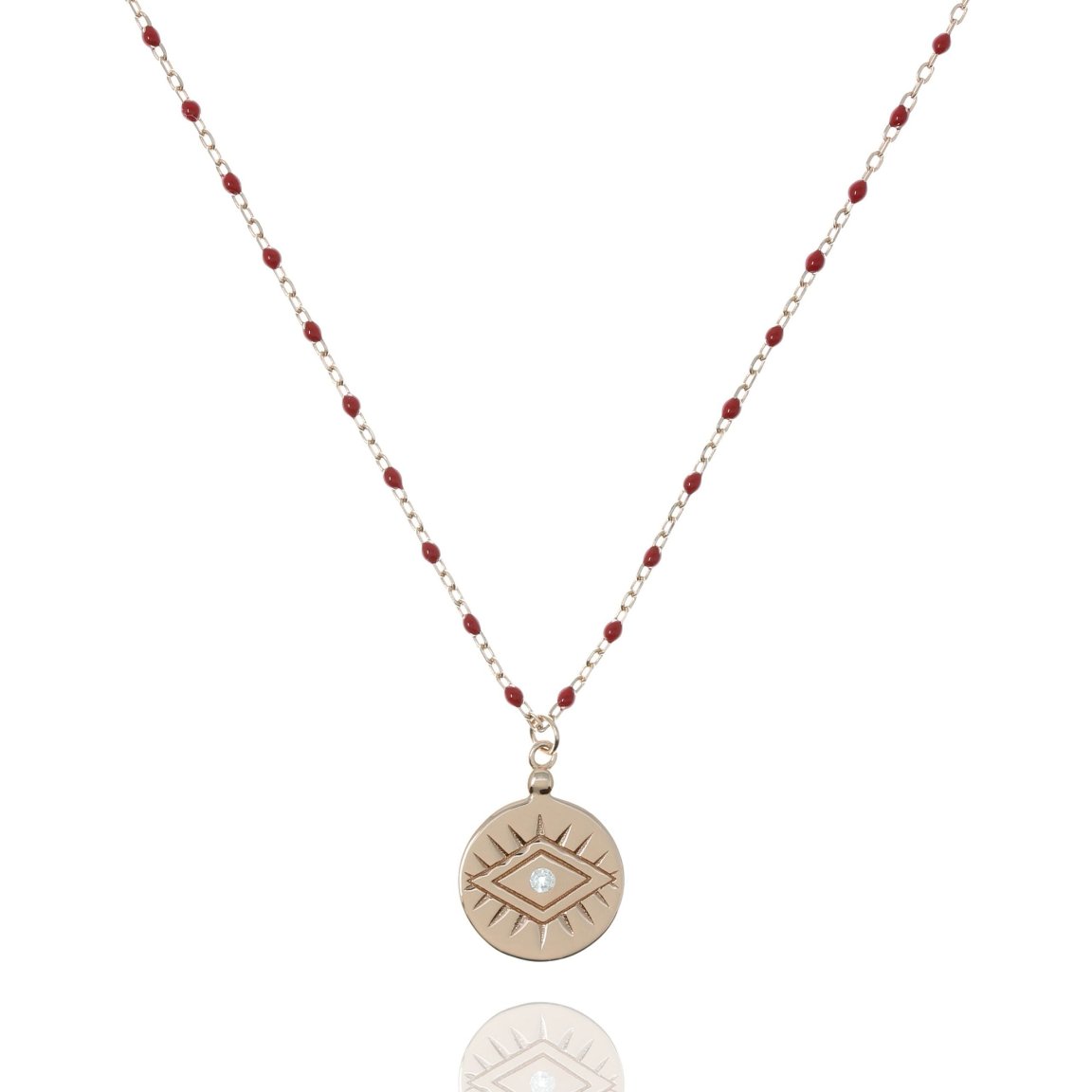 Red Bead and Rose Gold Chain Medium Length Necklace With Coin Pendant 