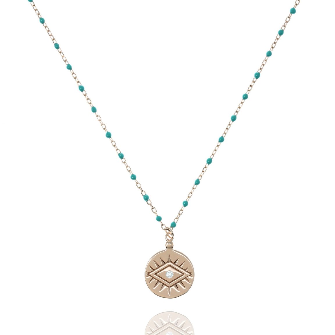 Turquoise Bead and Rose Gold Chain Medium Length Necklace With Coin Pendant