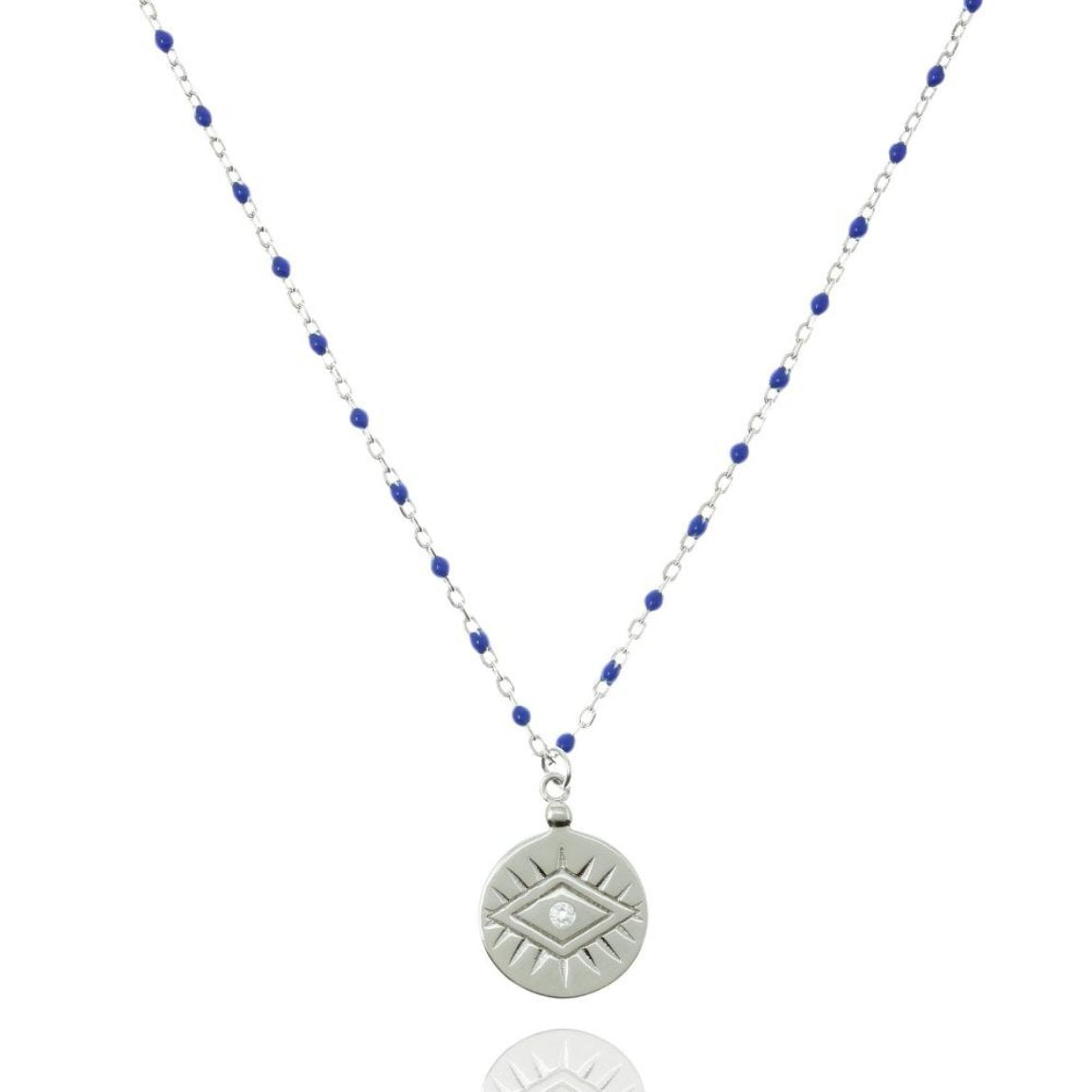 Sterling silver chain and blue bead necklace with coin pendant.