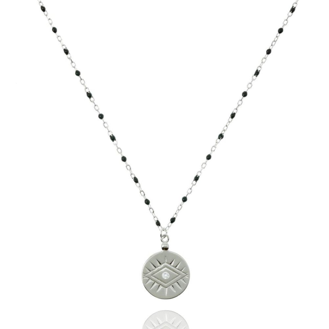 Sterling silver chain and black bead necklace with coin pendant.