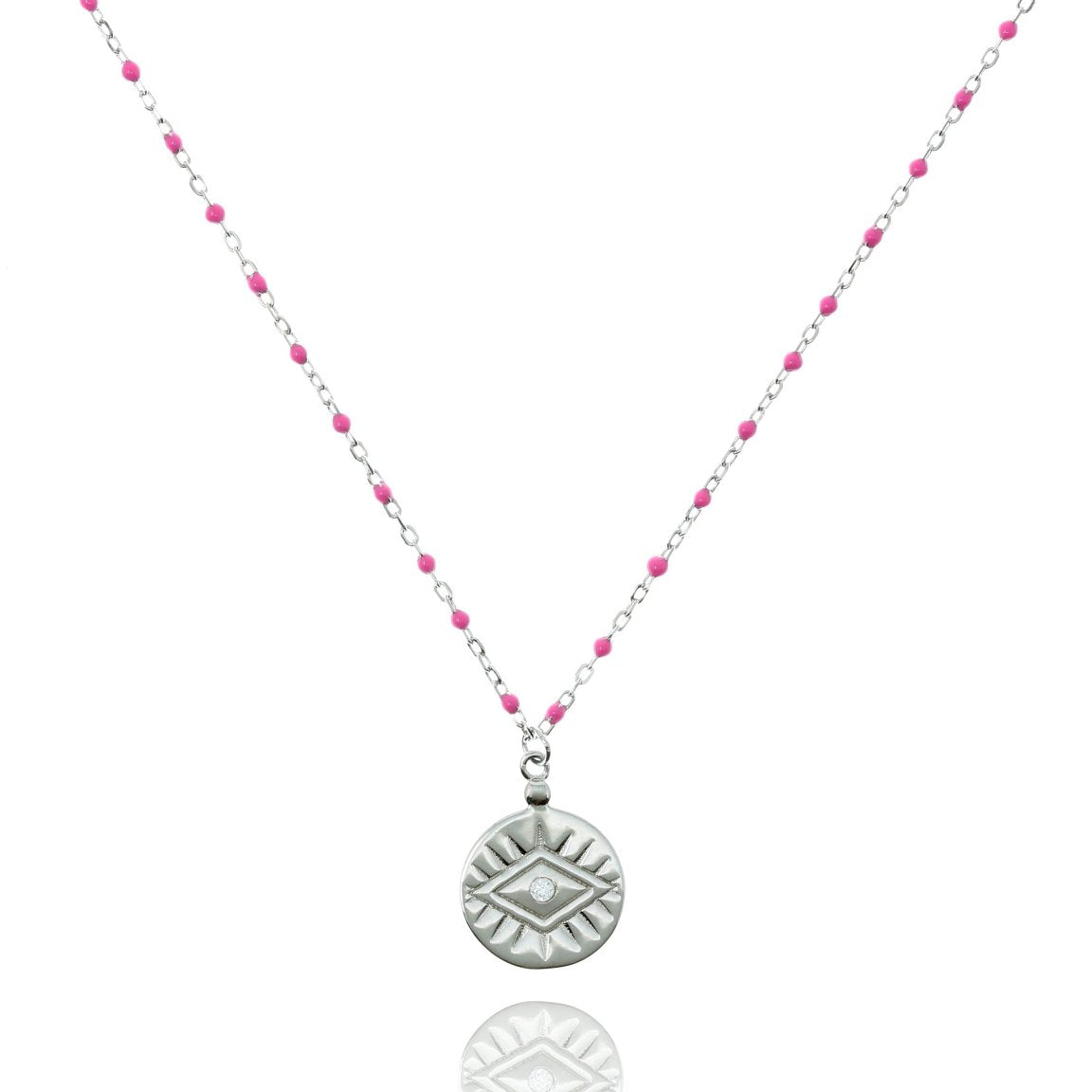 Pink Bead and Chain Medium Length Necklace With Coin Pendant