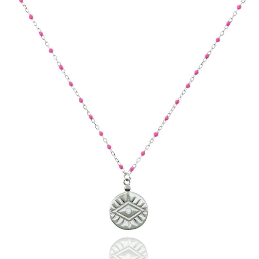 Pink Bead and Chain Medium Length Necklace With Coin Pendant