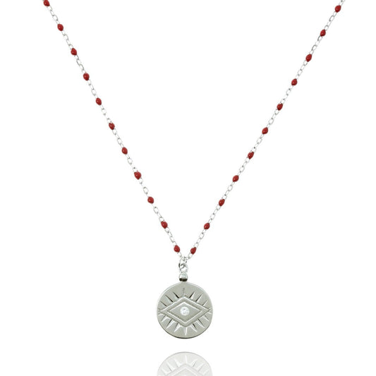 Red Bead and Silver Chain Medium Length Necklace With Coin Pendant 