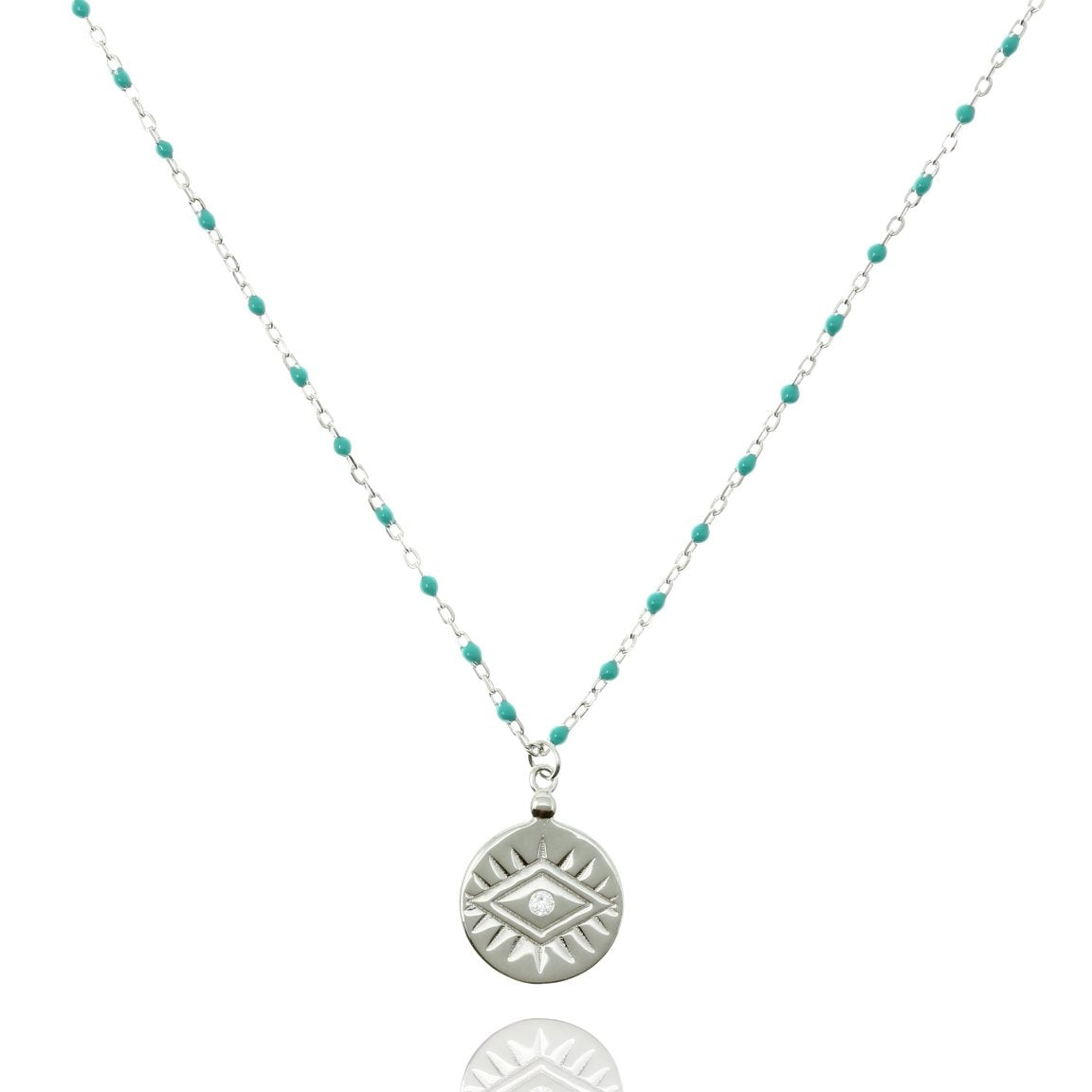 Turquoise Bead and Silver Chain Medium Length Necklace With Coin Pendant