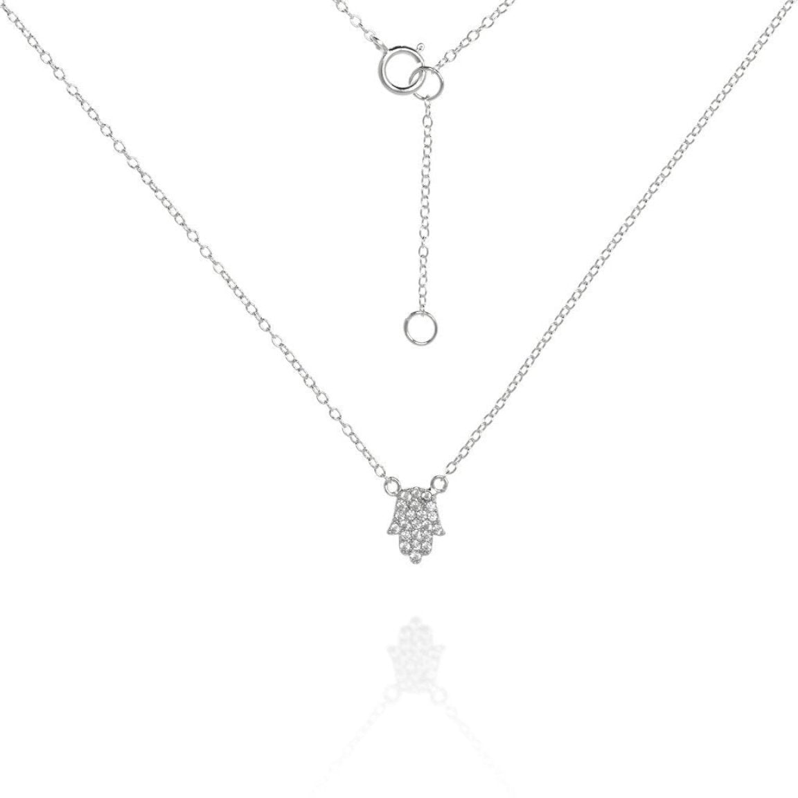 Silver chain and hamsa cubic zirconia pendant necklace.