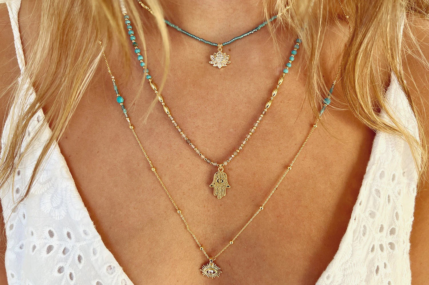 Lieu Turquoise Healing Hand Gold Necklace