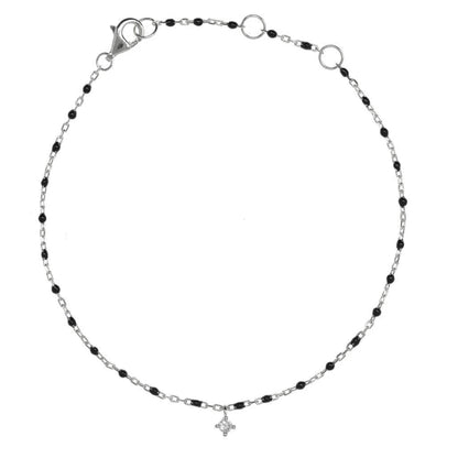 Black Bead and Chain Bracelet With Hanging CZ