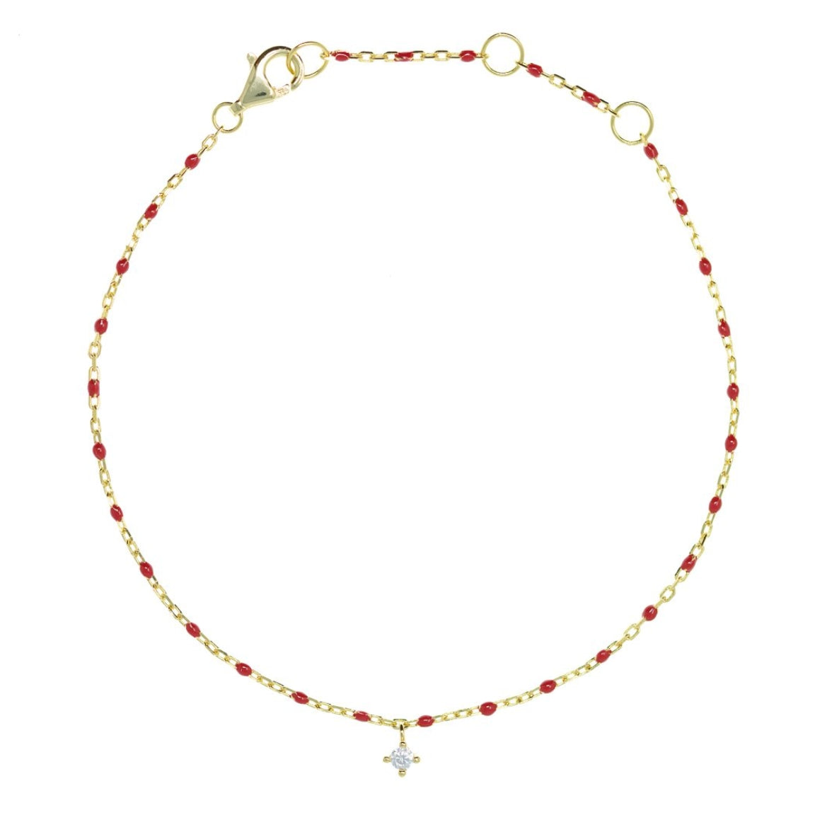 Red Bead and Chain Bracelet With Hanging CZ