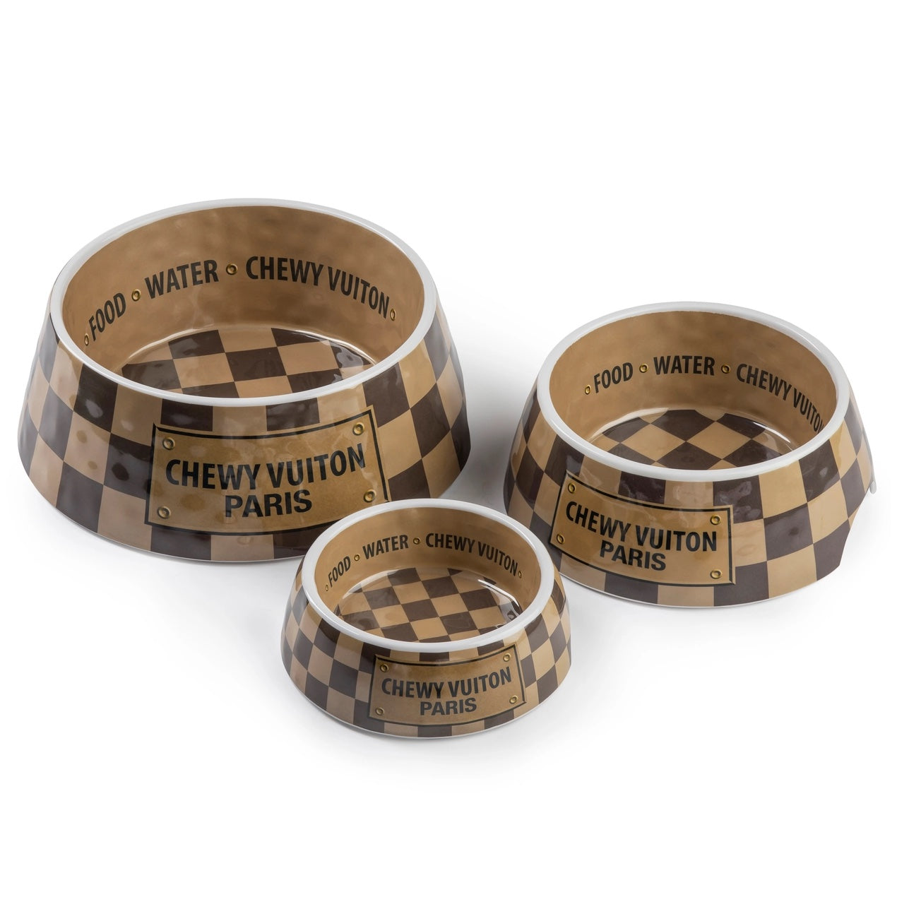 Checker Chewy Vuiton Dog Bowl Three Sizes