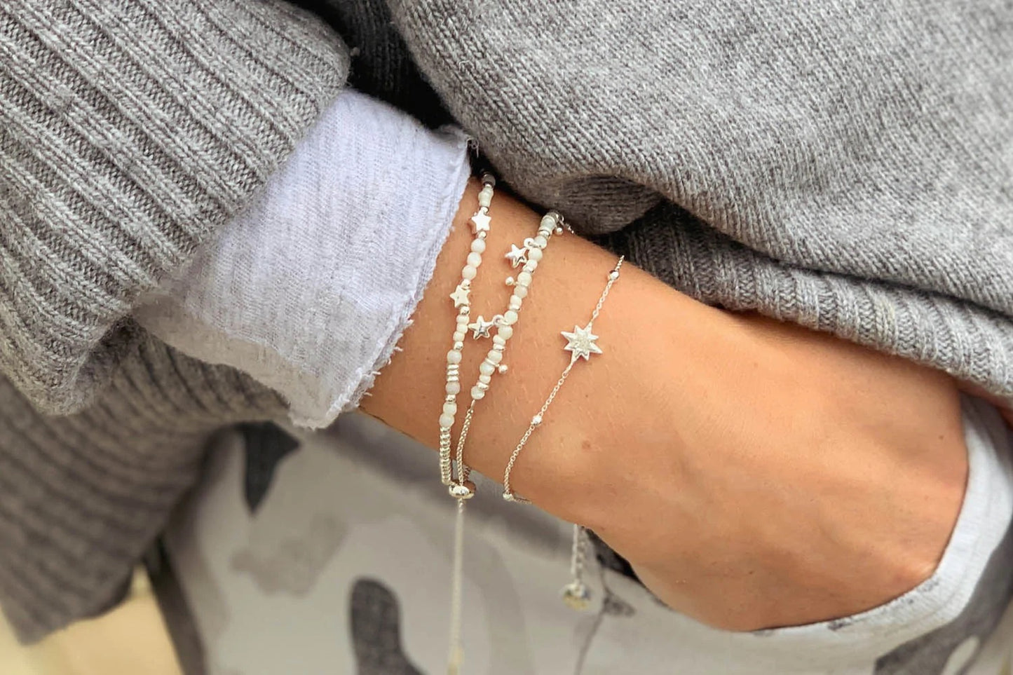 Polar Moonstone & Silver Star Stretch Bracelet